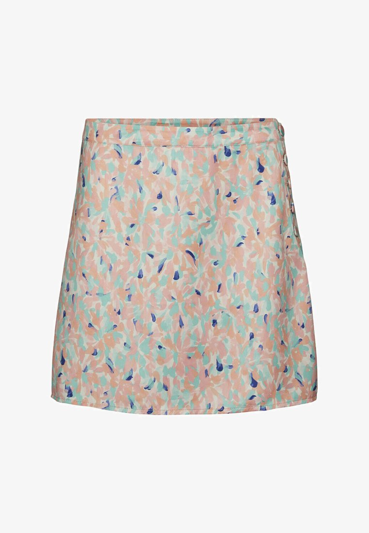 Jupe à imprimé floral dans des couleurs pastel, présentant des formes abstraites en rose, bleu et vert. Fabriquée en tissu léger avec une coupe droite.