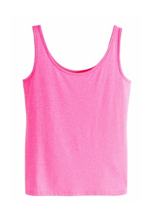 Roze tanktop van lichte stof, met een ronde halslijn en brede schouderbanden. Gladde textuur met een nauwsluitende pasvorm.