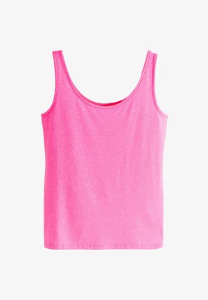 Roze tanktop van lichte stof, met een ronde halslijn en brede schouderbanden. Gladde textuur met een nauwsluitende pasvorm.