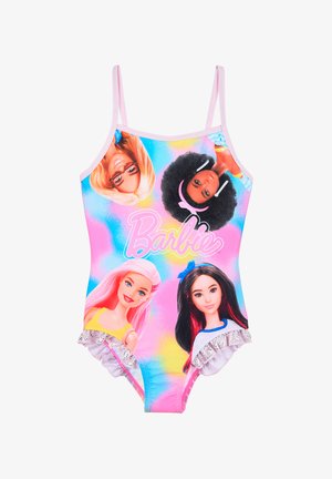 Pink one-piece swimsuit featuring multiple Barbie doll designs, ruffled bottom, and a colorful splatter background with "Barbie" text.