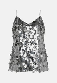 Top camisole argento con paillettes, dotato di spalline sottili, caratterizzato da un fit morbido e una superficie riflettente realizzata in paillettes circolari.