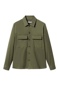 Oliivinvihreä puuvillainen paitatakki, jossa pitkät hihat, kaulukset, kaksi rintataskua ja etupuolen napitus. Sileä textura.