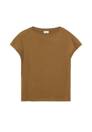Brązowy t-shirt z krótkim rękawem i okrągłym dekoltem, o prostym wzorze, przedstawiony na białym tle.