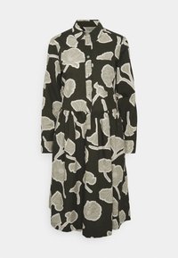 Abito verde scuro con maniche lunghe, caratterizzato da ampi motivi floreali beige, colletto, chiusura con bottoni e vita arricciata per una vestibilità ampia.