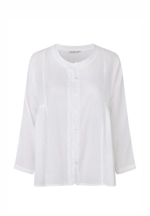 Weißes Hemd mit Knöpfen aus leichtem Stoff, mit rundem Ausschnitt und langen, locker sitzenden Ärmeln. Kleine Knopfdetails sichtbar.