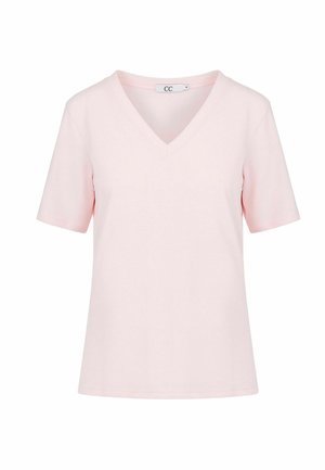 Hellrosa T-Shirt mit kurzen Ärmeln und V-Ausschnitt, aus weichem Stoff gefertigt, mit klaren Linien und ohne sichtbare Muster oder Verzierungen.