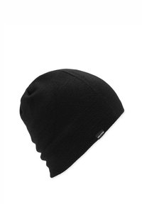 Sort strikket beanie med et struktureret mønster, der har et lille mærkat. Den har en slouchy form og et blødt, strækbart materiale.