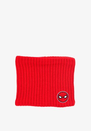 Gorro de punto rojo con textura acanalada; presenta un parche circular del logo de Spider-Man en la parte frontal. Material suave y elástico para mayor comodidad.