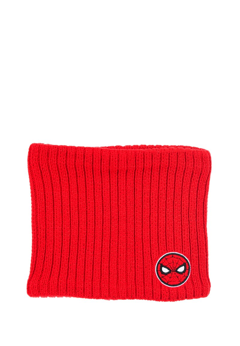 Bonnet en tricot rouge avec une texture côtelée ; présente un patch circulaire du logo de Spider-Man à l'avant. Matériau doux et extensible pour le confort.