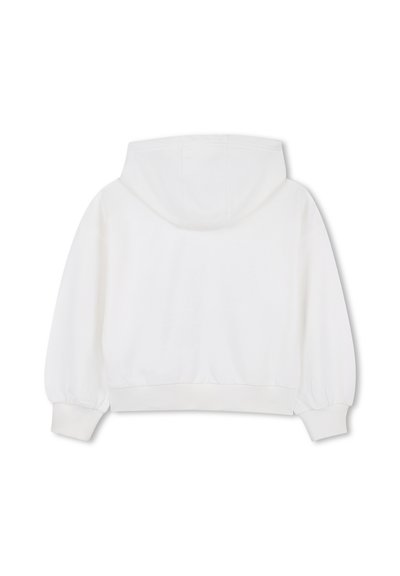Biała bluza z kapturem z długimi bufkami na rękawach oraz ściągaczami na mankietach i w pasie, pokazana od tyłu na białym tle.
