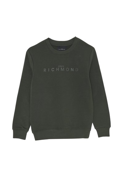 Felpa a maniche lunghe verde scuro con collo tondo, con la scritta "John Richmond" stampata in lettere scure abbinate sul petto.