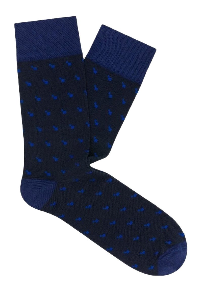 Granatowe skarpetki z fakturowanym ciemnoniebieskim mankietem, z małym geometrycznym wzorem w jasnoniebieskie kropki na całej powierzchni.