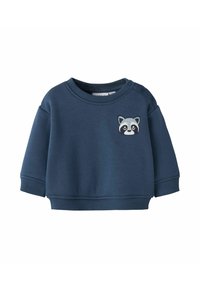 Felpa blu navy realizzata in morbido tessuto, caratterizzata da un collo rotondo, spalle scese e un design ricamato di un procione sulla parte anteriore.