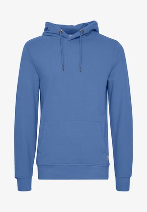 Blauwe hoodie van zachte stof, met een voorzak, een capuchon met trekkoord en ribgebreide manchetten en onderrand. Gladde textuur zonder patronen.