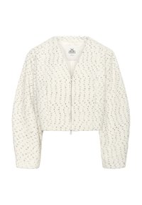 Kort hvid jakke med et tekstureret stof, sølvglimt og lynlåslukning. Har V-hals og voluminøse, let opsamlede ærmer.