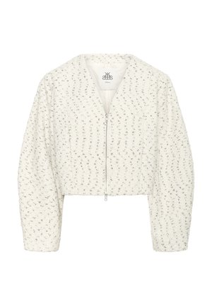 Witte cropped jas met een gestructureerde stof, zilveren glinsters en een ritssluiting. Heeft een V-hals en volumineuze, licht geplooide mouwen.