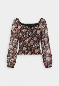 Blouse noire transparente à manches longues avec motif floral rose et beige, encolure carrée et taille et corsage froncés.