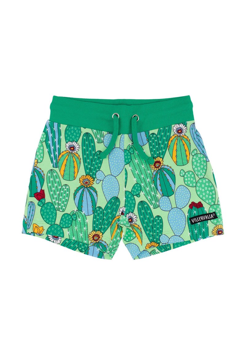 Cactus-patterned swim shorts in green, featuring various cacti in blue, yellow, and red. Elastic waistband with drawstring, logo patch.