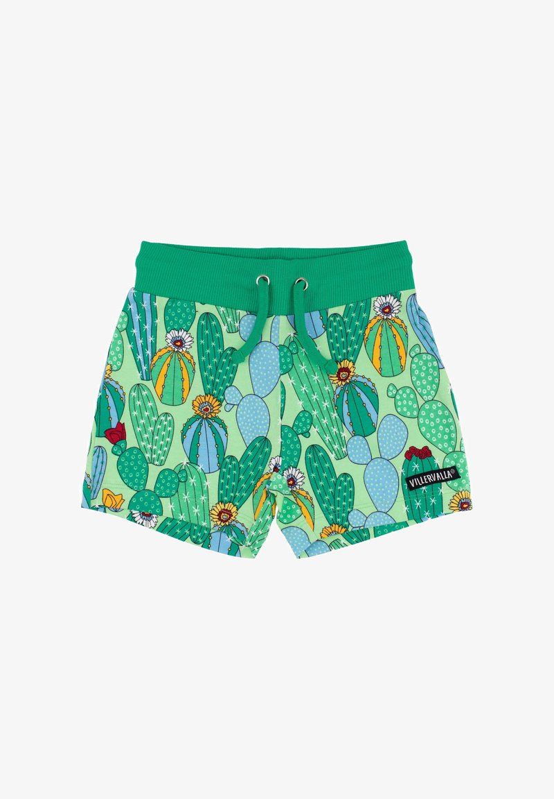Cactus-patterned swim shorts in green, featuring various cacti in blue, yellow, and red. Elastic waistband with drawstring, logo patch.