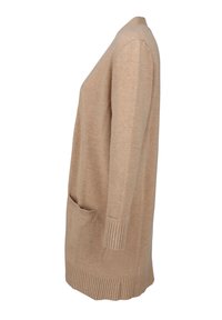 Beżowy sweter dziany o luźnym kroju, z długimi rękawami, ściągaczem u dołu i kieszenią z przodu. Miękka tekstura i casualowy design.