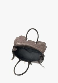 Leren tote bag met suede accenten, donkerbruine kleur, open bovenkant, twee handvatten, binnenzijde gevoerd met zwarte stof, ritsdetail aan één zijde.