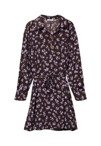 Robe florale brune avec des manches longues, fermeture à bouton et col. Présente des fleurs violettes, une taille cintrée et une jupe fluide.