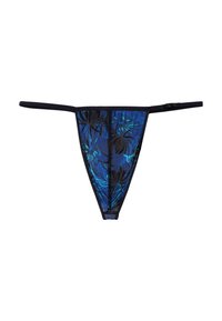 Navyblaue Panty mit floralem Muster in Blau- und Schwarztönen, ausgestattet mit dünnen Trägern und einer atmungsaktiven Textilkonstruktion.