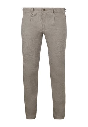 Beige karierte Hose im Slim Fit, mit Seiten- und Gesäßtaschen, einem Knopfverschluss und einem dezenten strukturierten Muster.