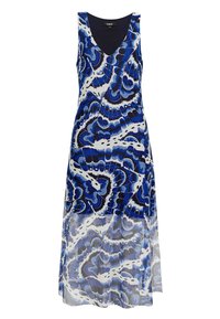 Robe sans manches aux motifs tourbillonnants bleu, blanc et noir. Design en V avec une silhouette fluide et un tissu léger.