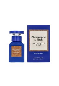 Blue glass bottle with a cork accent label and a polished silver cap, accompanied by a matching blue box for Abercrombie & Fitch fragrance.