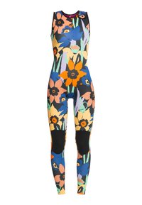Hel wetsuit i fuld længde med et blomsterdesign i orange, blå og grøn mod en sort baggrund; har sorte knæbeskyttere og en høj krave.