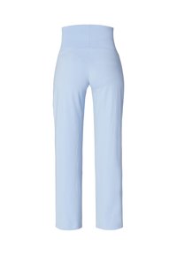 Lichtblauwe, hooggesneden broek met een recht gesneden design; gemaakt van zachte, rekbare stof; gladde textuur; geen zakken of zichtbare hardware.