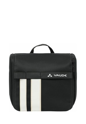Schwarze VAUDE-Tasche in rechteckiger Form, mit weißen und beigen Streifen sowie einem oberen Griff. Robustes Material und ein Reißverschluss.