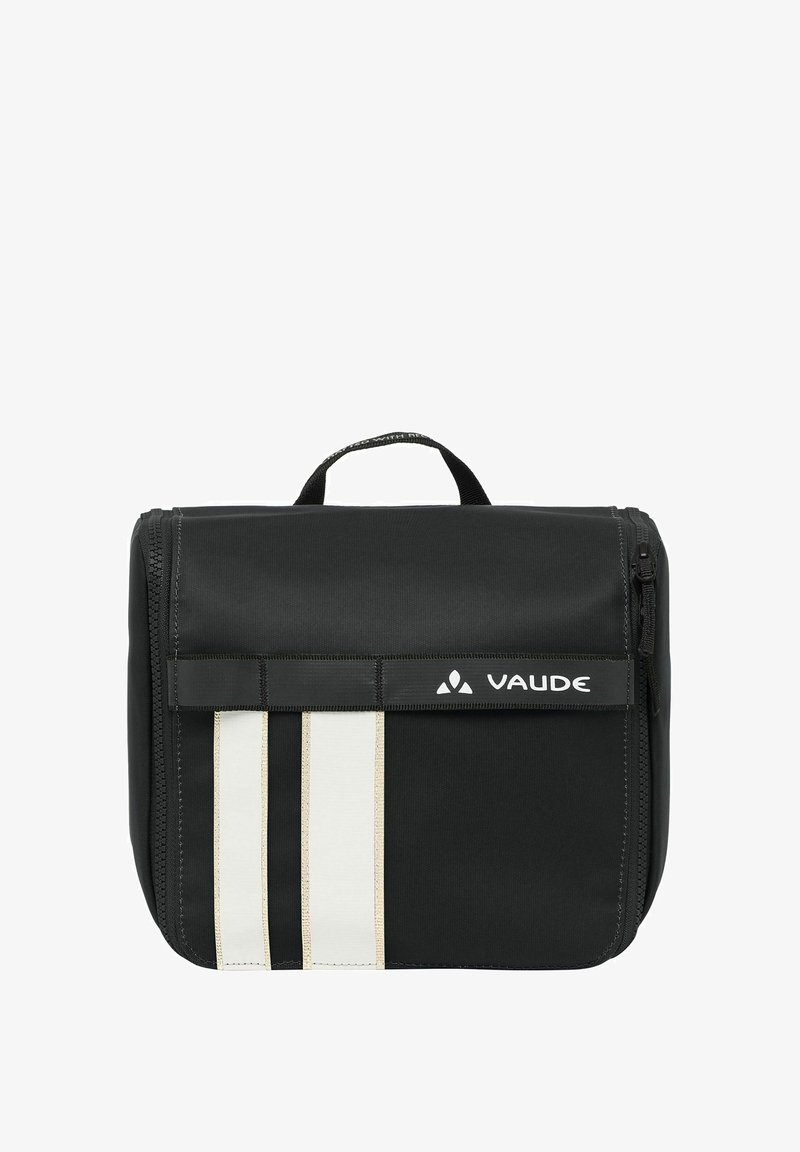 Zwarte VAUDE tas met een rechthoekige vorm, voorzien van witte en beige strepen en een handschoen aan de bovenkant. Duurzaam materiaal en een ritssluiting.