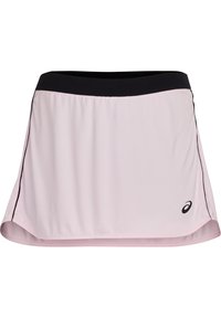 Falda atlética rosa con una cinturilla y detalles laterales en negro. Está hecha de un material ligero, presenta un diseño acampanado y un logo en el dobladillo inferior.