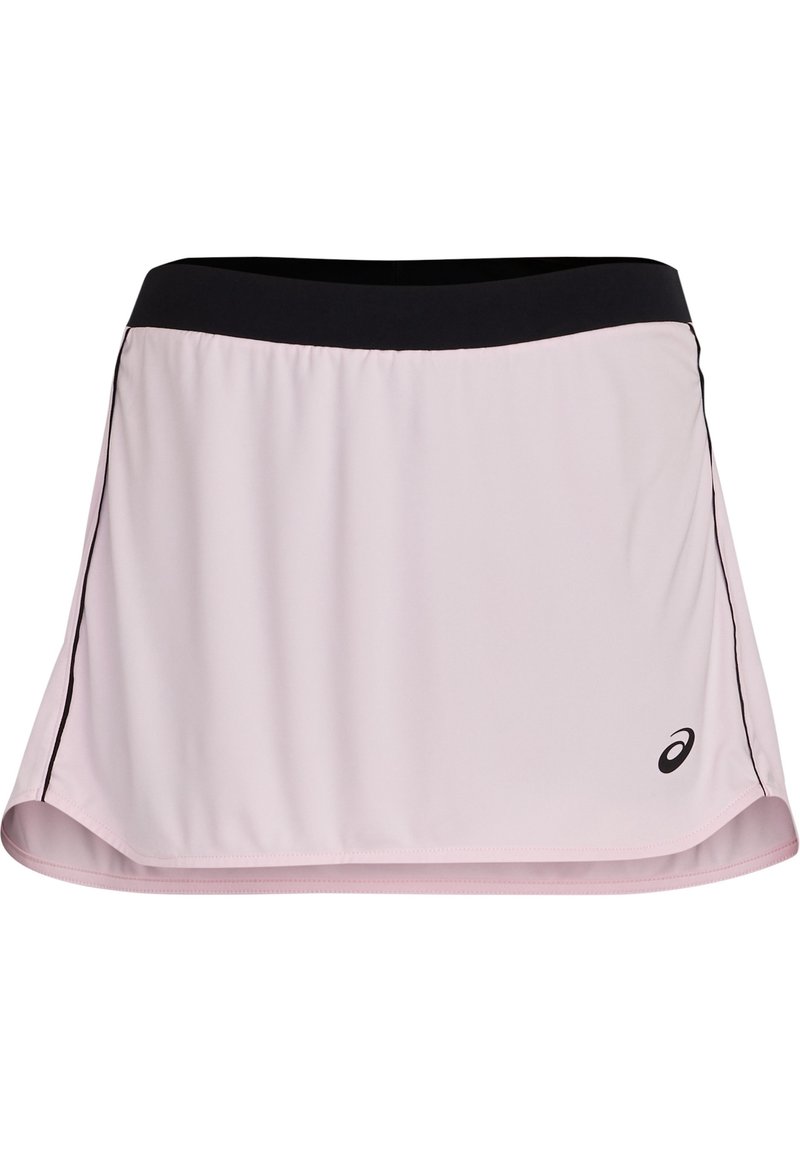 Falda atlética rosa con una cinturilla y detalles laterales en negro. Está hecha de un material ligero, presenta un diseño acampanado y un logo en el dobladillo inferior.