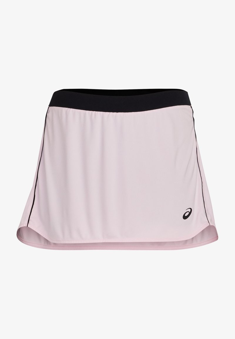 Rosa sportkjol med svart midjeband och sidodetaljer. Tillverkad av lätt material, med en utsvängd design och en logotyp på den nedre kanten.