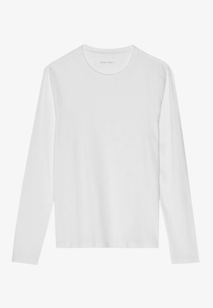 Long-sleeve white T-shirt made of soft fabric, featuring a round neckline and plain design with no visible patterns or accents.
