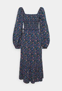 Kukkakuvioinen mekko tummansinisellä taustalla, rypytetty yläosa, neliskulmainen pääntie ja puffihihat, jossa on laskostettu hame.