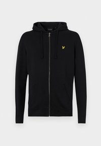 Černá mikina na zip vyrobená z bavlny, s klokaní kapsou a malým žlutým ptáčkem na levé části hrudi.