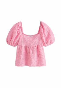 Blouse à manches bouffantes rose clair avec un tissu texturé, décolleté carré et coupe ample. Présente une taille froncée pour plus de volume.