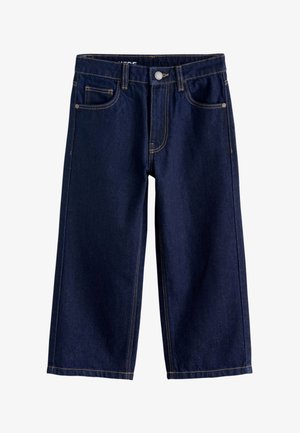 Pantaloni larghi a gamba corta in denim blu scuro con bottone frontale, cerniera, passanti per cintura e tasche anteriori.
