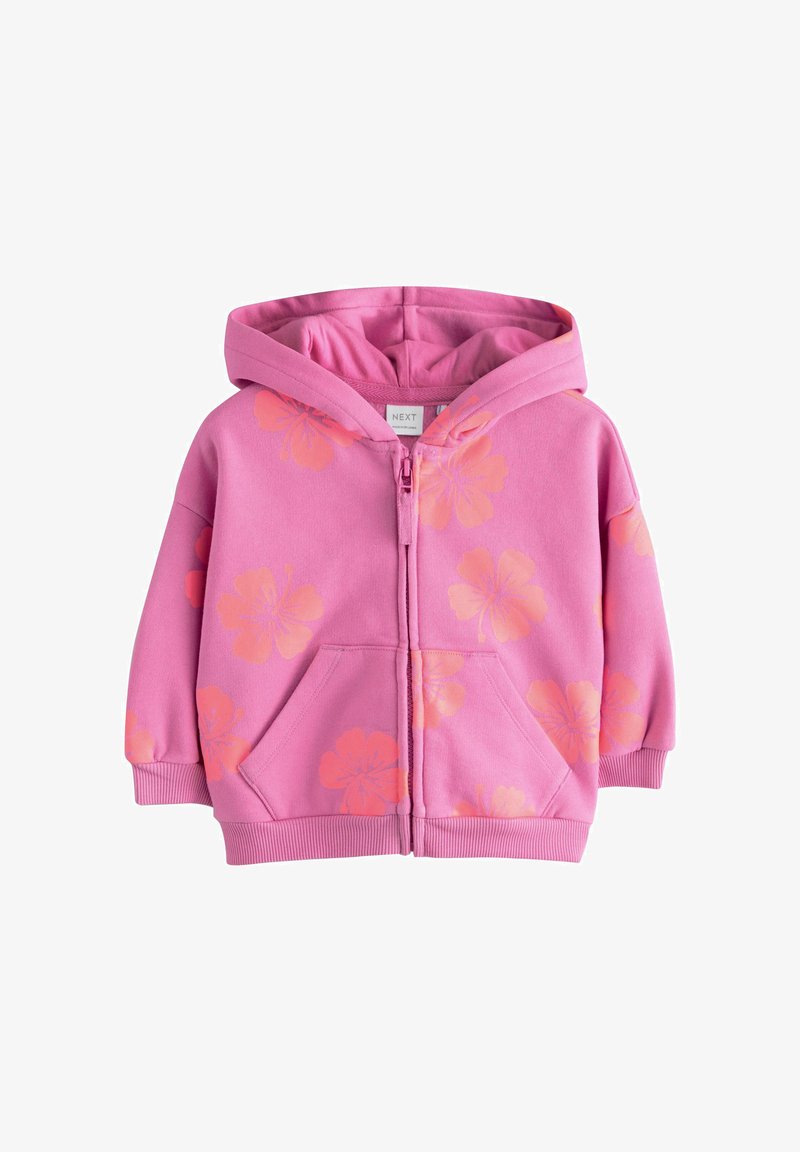 Sweat à capuche zippé rose pour enfant, avec capuche, poches avant et imprimés d'hibiscus orange.