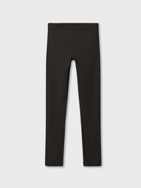 Sorte leggings laget av elastisk stoff, med høy midje, jevn tekstur, og ingen synlige sømmer eller mønstre.