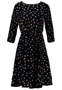 Schwarzes Kleid mit dreiviertel Ärmeln, tailliertem Bund und verstreutem floralen Muster in Pink, Weiß und Gelb.