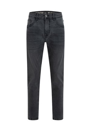 Sorte denim jeans med lige snit, udstyret med knaplukning, fem lommer og let slitage på stoffet for tekstur.