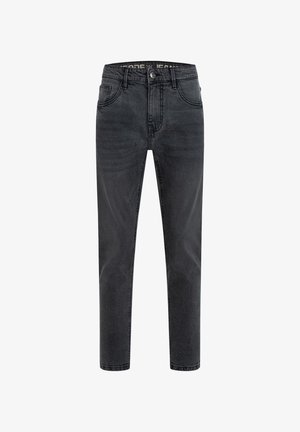 Schwarze Denim-Jeans mit geradem Schnitt, ausgestattet mit einem Knopfverschluss, fünf Taschen und leichter Ausbleichung des Stoffes für Textur.