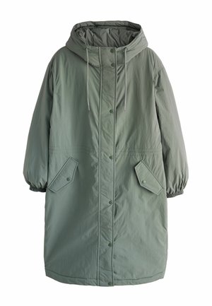 Long sage green padded coat with hood, snap buttons, elastic cuffs, and angled flap pockets, suitable for cold weather.