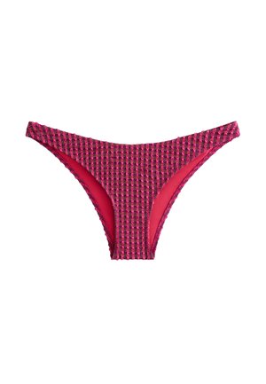 Slip bikini rosa con motivo, realizzato in tessuto testurizzato e foderato internamente in modo liscio. Il design offre una copertura moderata con bordi elastici.