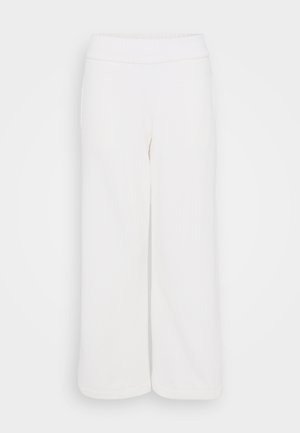 White, fluffy, wide-leg pants with a soft texture and an elastic waistband. Features two side pockets and a loose fit.